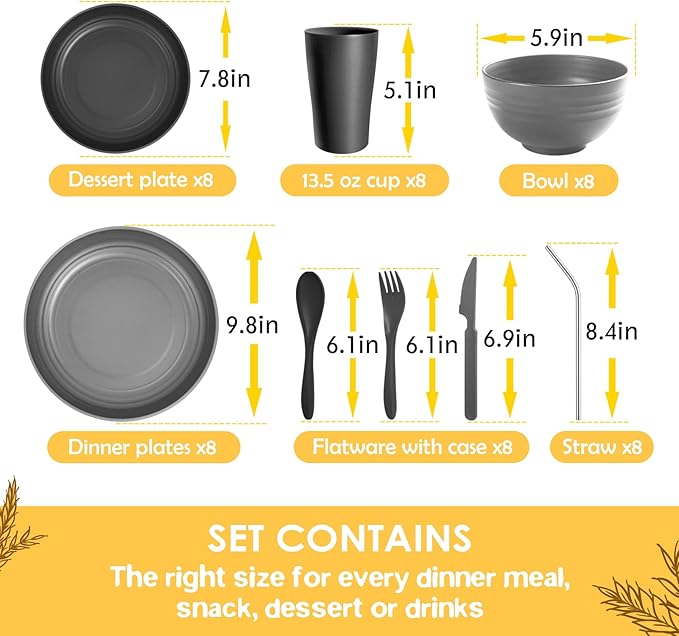 Teivio 32-Piece With Flatware Kitchen Plastic Wheat Straw Dinnerware Set Service for 8 Dinner Plates Dessert Plate Cereal Bowls Cups Unbreakable Plastic Outdoor Camping Dishes Gray Ombre