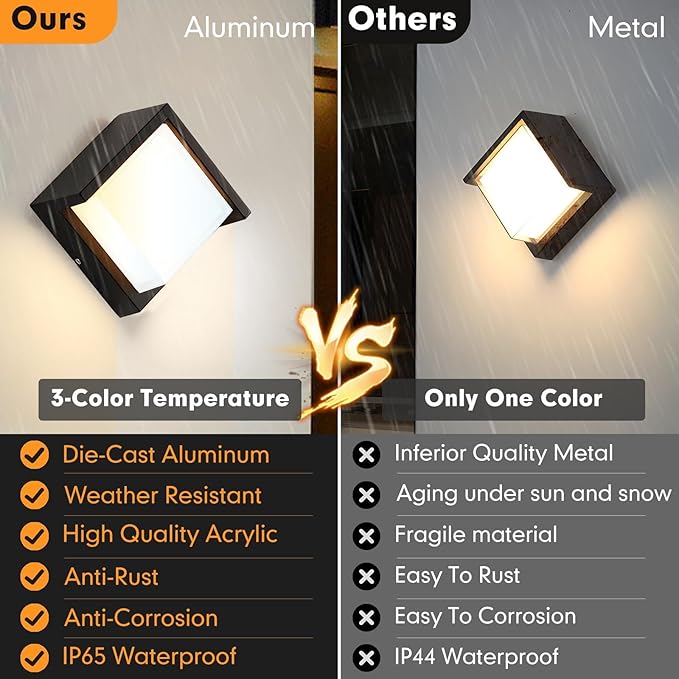 Outdoor Wall Lights 2 Pack 6 Inch Modern Square LED Wall Sconces 1200LM 3CCT Selectable (3200K/4000K/6500K) IP65 Waterproof Black Aluminum Exterior Light Fixtures for House Porch Garage