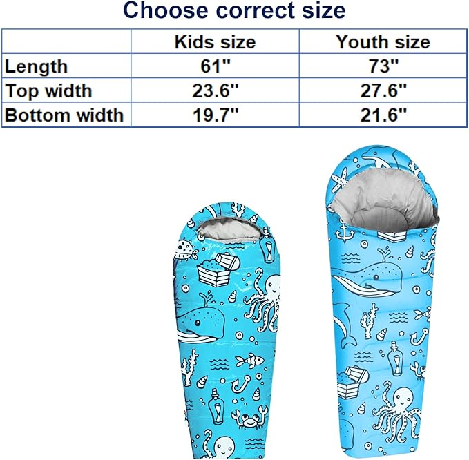 KidzAdventure Mummy Style 32 – 59F Kids Sleeping Bag with Pillow Sleeve 4 Season Lightweight and Backpacking Style Ideal for Camping Sleepover Boys Girls Youth and Toddlers