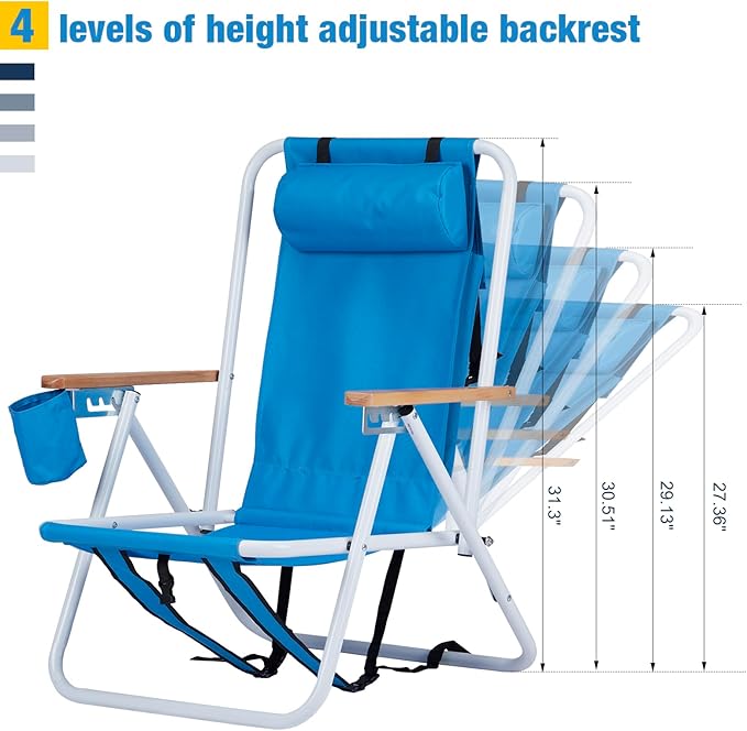 Outvita Folding Beach Chair Adjustable Headrest w/4 Flexible Tilt Angle Cup Holder Portable High Strength Cleanable Fabric for Sand Camping Lawn Concert Travel Festival