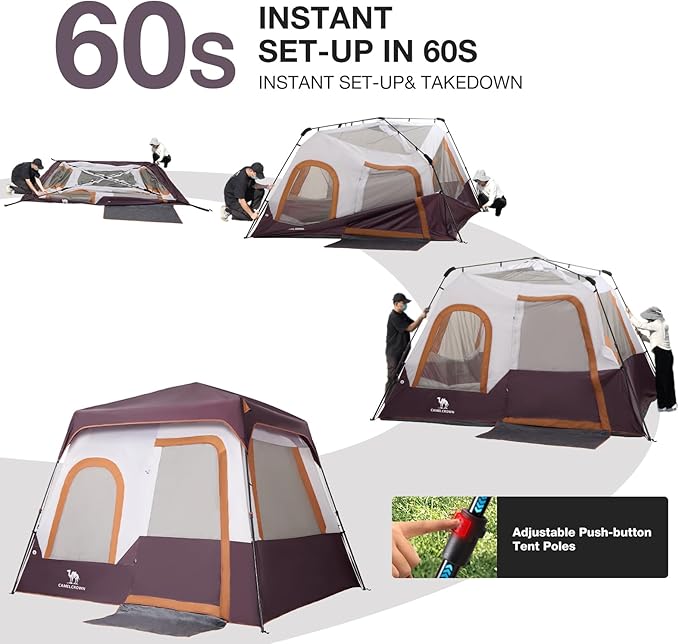 Camping Tents 4/6 Person Pop Up Instant Tent - Setup in 60s for Family Camping Windproof Design Family Cabin Tent with Rainfly &amp Backpack Carry Bag
