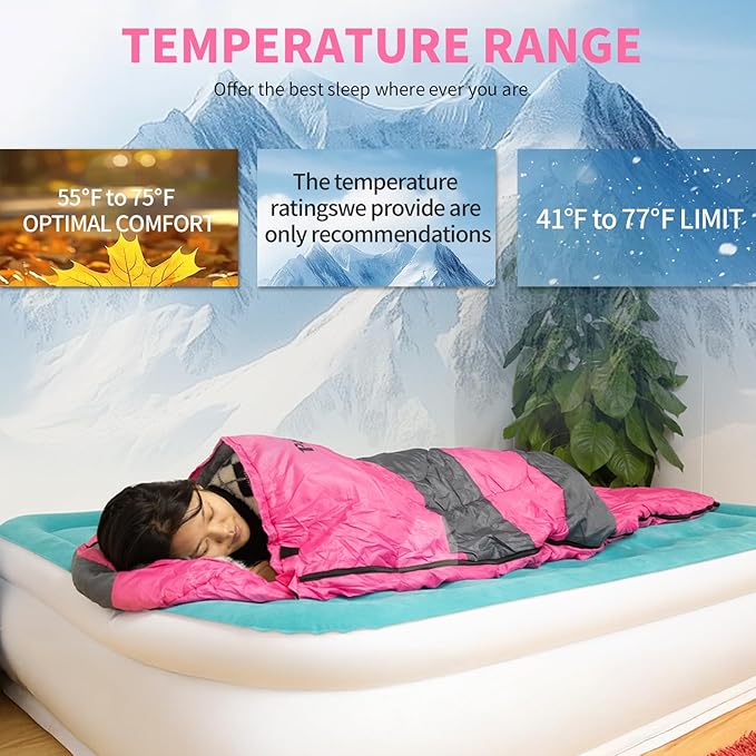Sleeping Bags Camping Sleeping Bag for Adults 3 Season Warm &amp Cool Weather Lightweight Waterproof Sleeping Bags for Indoor Outdoor Camping Traveling Backpacking Pink/Blue/Black