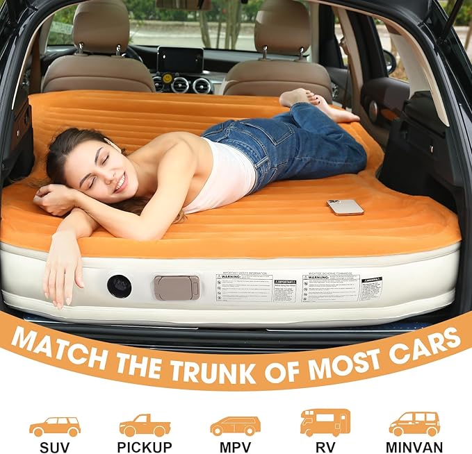 KMZ SUV Air Mattress with Built-in Pump &amp 2 Pillows Thickened Flocked PVC Quick 90-Seconds Inflation Air Bed Portable &amp Durable Car Air Bed for Camping Travel Truck