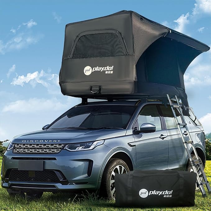 PlayDo Inflatable Rooftop Tent Easy Setup Camping Tent for The Roof of Sedans Pickup Blow Up Roof Top Tents SUV Truck Van Glamping Tent with Porch Strip Light for 2-3 Person