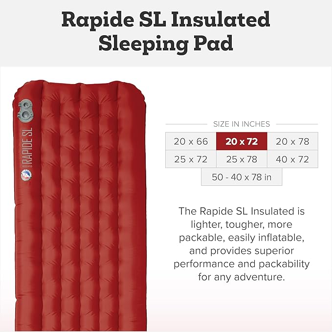 Big Agnes Rapide SL - Insulated Sleeping Pad Ultralight All Season Compact Backpacking and Hiking Pumphouse Sack Included Orange 20x72 Regular