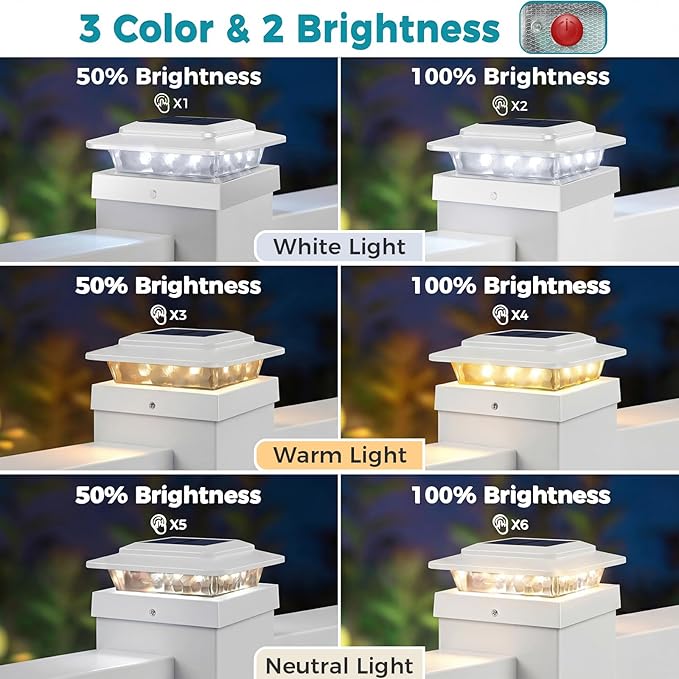 kolpop 4x4 Solar Post Cap Lights Outdoor with 3 Color Temperatures 12 Packs Deck Post Light Solar Powered IP65 Waterproof Fence Deck Lights for 4×4/3.5×3.5 Wood/Vinyl Posts