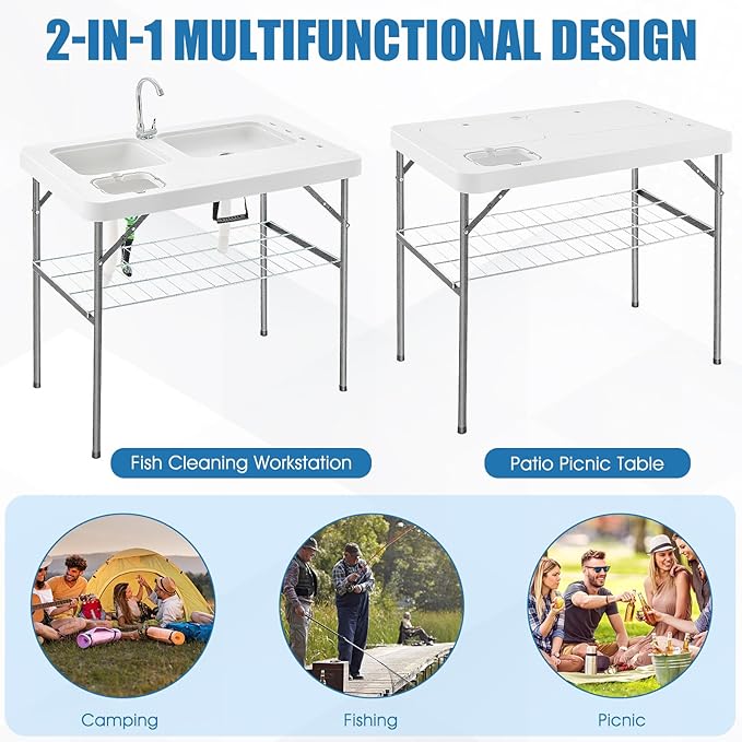 Goplus 40'' Folding Fish Cleaning Table with Dual Water Basins Faucet Drainage Hose &amp Sprayer Portable Camping Sink Table Outdoor Fish Fillet Cleaning Station with Grid Rack for Picnic