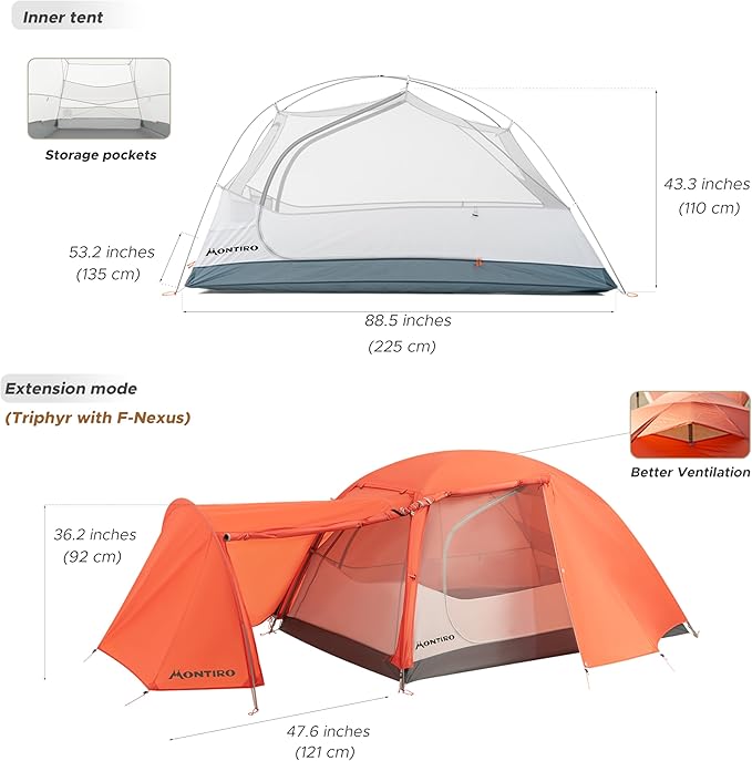 Triphyr Backpacking Tent with F-Nexus Extension 2-Person Combo Attachable Extension Shelter Lightweight 2 Person Tent for Backpacking Camping Hiking &amp Biking
