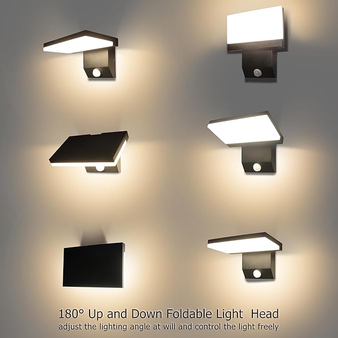 Motion Sensor Outdoor Light 18W 1980LM Black Motion Outdoor Wall Lights IP65 Waterproof Sconce Lighting LED Porch Lights 3000K Foldable Patio Wall Light Fixture for House Garage Square
