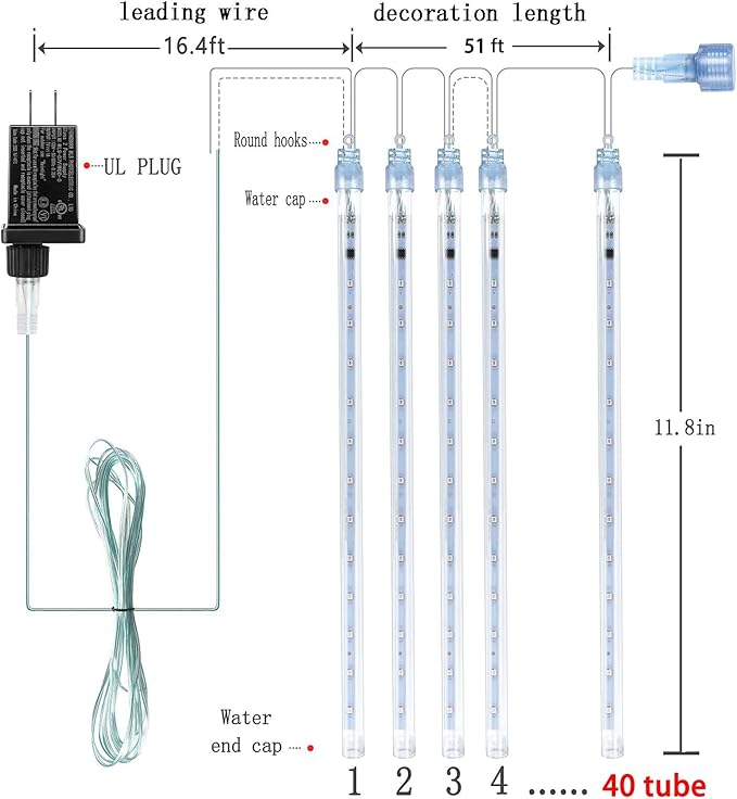 Kwaiffeo Blue Icicle Lights for Outside Waterproof 40 Tubes LED Meteor Shower Lights for Christmas Halloween Decor Yard Lawn Equivalent to 5 Sets of 8-Tubes
