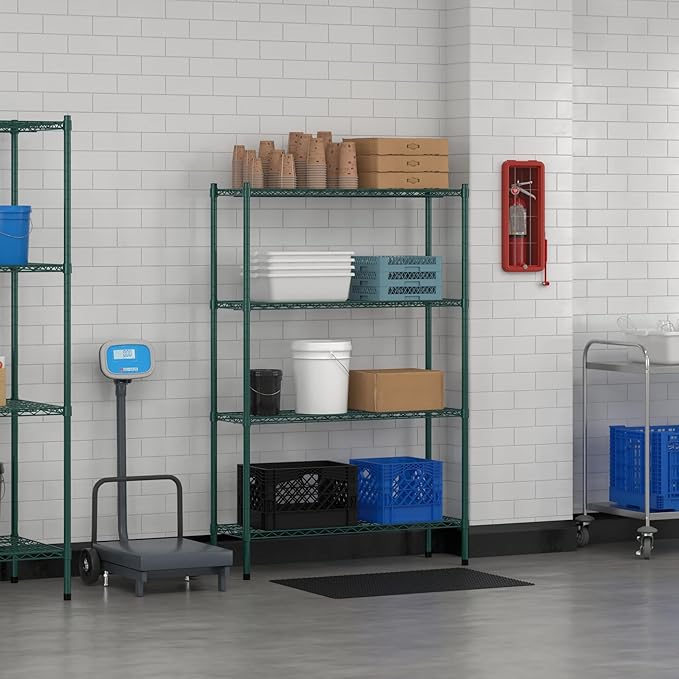 Commercial NSF Listed Green Epoxy Stationary Wire Shelving Kit 14 x 42 x 64 with 4 Shelves Perfect for Warehouse Walk-in Refrigerator Freezer Grocery Store Restaurant Dishroom