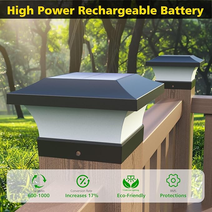 T-SUN Solar Post Lights Outdoor Waterproof Solar Post Cap Lights for 4X4 5X5 6X6 Wooden Posts6000K White LED Lighting Deck Patio Garden Decor or Fence(6 Pack)