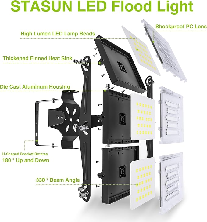 STASUN LED Flood Light Outdoor 300W 30000lm 3000K Warm White IP66 Waterproof Commercial Parking Lot Light3 Heads for Yard Street Stadium House Floodlight Bright Security Lights for Outdoor Area