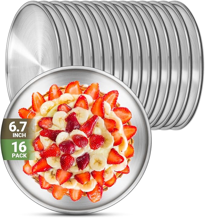 Stainless Steel Plates 16 Set 6.7 inch 304(18/8) Metal Food Serving Plate Reusable Snack Eating Dishes Round Shatterproof Plate Silver Dinnerware for BBQ Dinner Oven Dishwasher Safe
