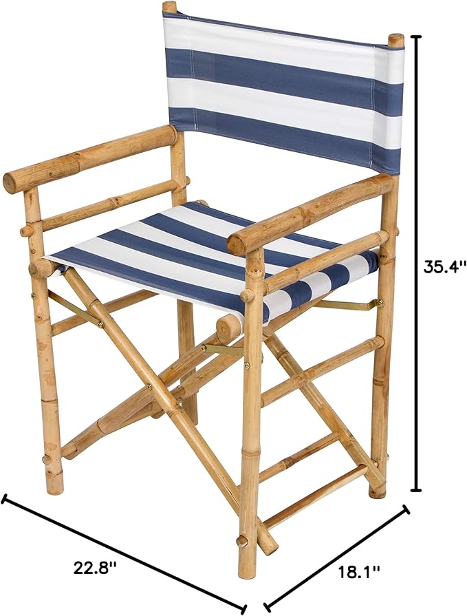 Statra Folding Director Chair Bamboo Portable Camping Outdoor Set of 2 Blue White Stripes