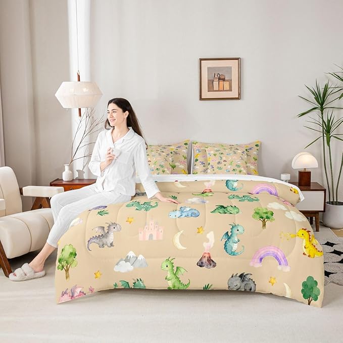 Baby Dragon 7 Piece Bedding Set King Size Animal Comforter Set with SheetsPillowcases &amp Cushion Cover for Boys Girls Bedroom Decor Cartoon Wildlife Bed in a Bag Microfiber Women Men Brown Beige
