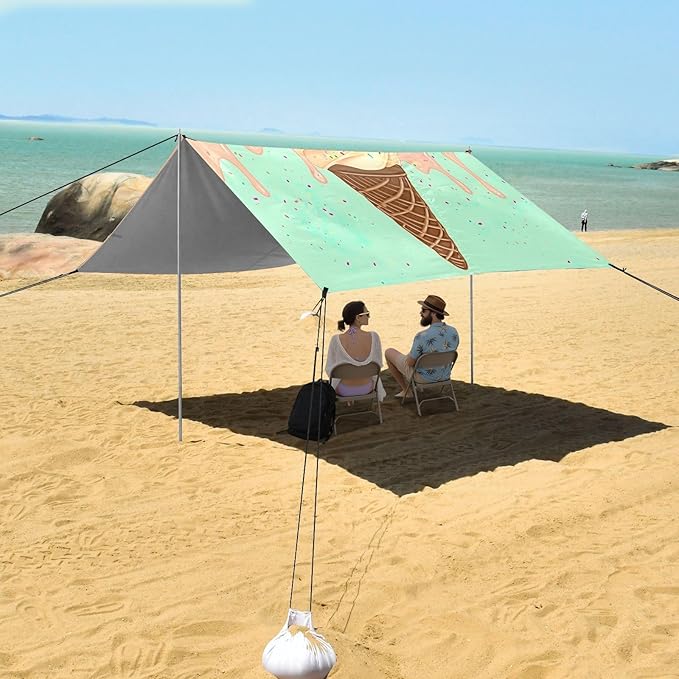 Ice Cream Cone Beach Tent Sun Shelter 9.2' x 10.5' Beach Canopy with 4 Sandbags 4 Stability Poles Sand Shovels - Tent Canopy for Beach Camping Fishing Picnics