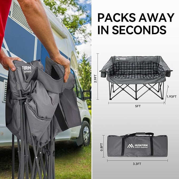 Double Camping Chair Padded 2 Person Camping Chair Camping Loveseat - Heavy Duty Oversized Camping Couch for Adults Outdoor Lawn Beach - Portable Folding Sofa with Cup Holders and Carry Bag Grey