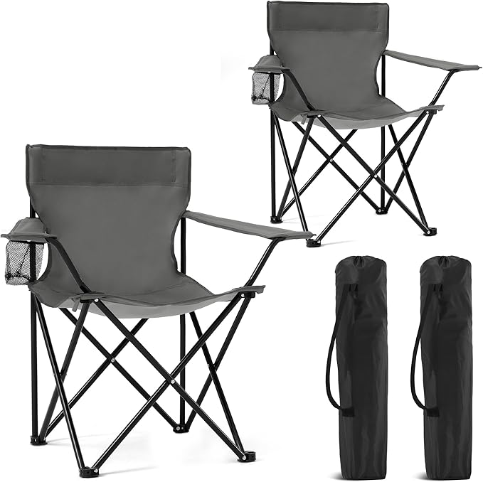 2 Pack Portable Camping Chairs Folding Lawn Chair Outdoor Lightweight Beach Chair with Cup Holder &amp Carry Bag for Outside Sports Fishing Hiking Travel Picnic Backyard (Grey Medium)