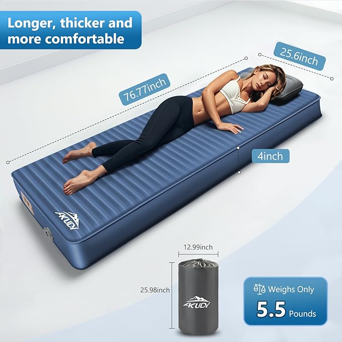 Self Inflating Sleeping Pad with Electric Pump 4 Ultra-Thick Memory Foam Camping Pad with Pillow 9.5 R-Value Insulated Camping Mattress Navy Blue