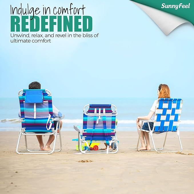 SUNNYFEEL Extra Wide 28 Low Beach Chair 2 Pack 5 Position Lay Flat XL Oversized Portable Folding Camping Chairs with Cup Holder for Outdoor/Trip Foldable Backpack Beach Chair for Adults