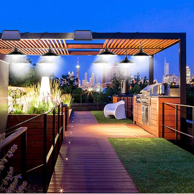 Solar Pendant Lights Upgraded Double Bulb Lights IP65 Waterproof Dusk to Dawn Auto Lamp with Remote Controller for Outdoor Shed Barn Chicken Coop Bullpen Pig Pen Stables Tents etc(Dual Lamp)