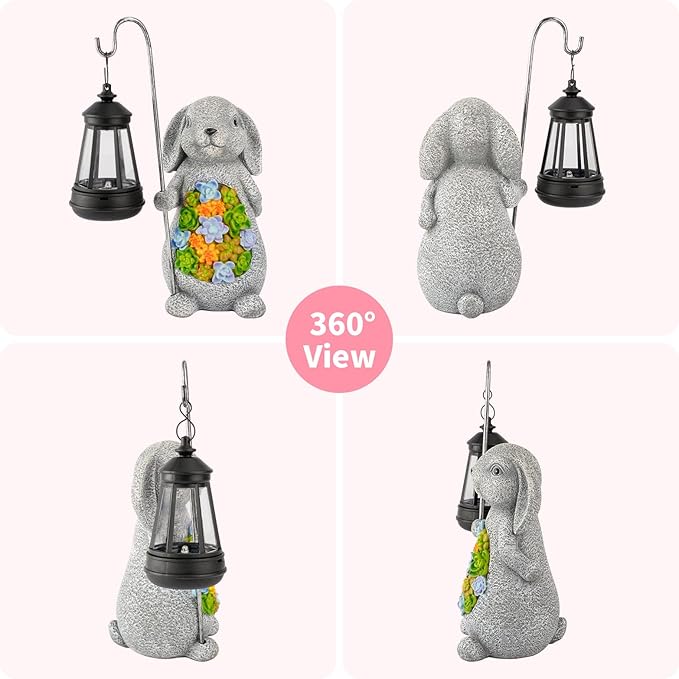 Solar Rabbit Garden Statue with Lantern – Waterproof Resin Outdoor Decor for Yard Lawn Patio Garden – Gift for Easter Christmas Housewarming – Solar Garden Decor