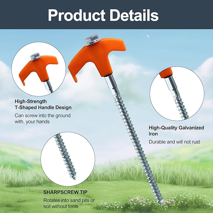 20-Pack Heavy-Duty Tent Stakes 8 Inch Yard Stakes Non-Rust Metal Tent Pegs Ground Stakes Tent Spikes for Camping Patio Garden Canopies with Hex Head Driver and Sturdy Storage Bag (Orange)