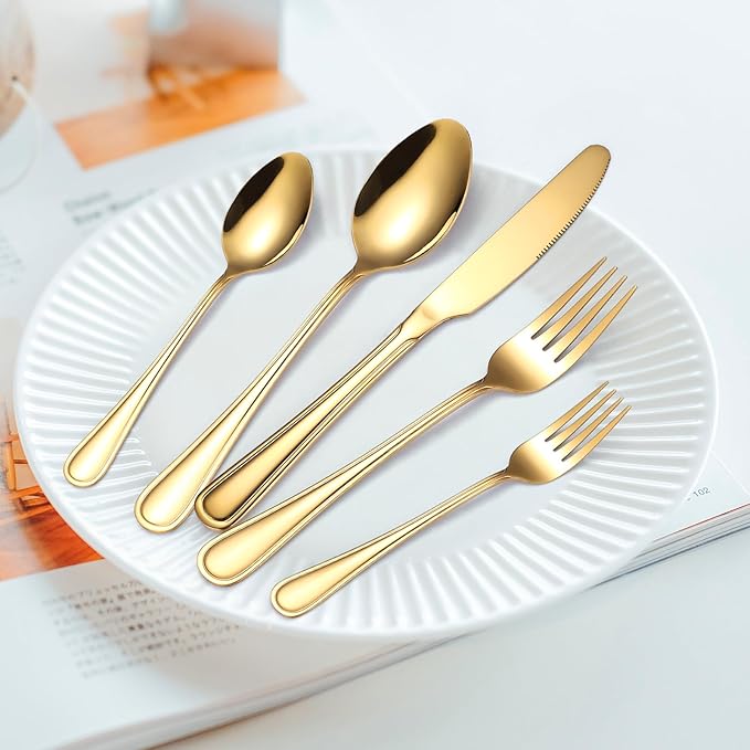 Gold Silverware Flatware Set for 4 Person Luxury Stainless Steel Cutlery 20 Pieces Forks Knives Spoons Modern Eating Utensils Double Line Edges Handle
