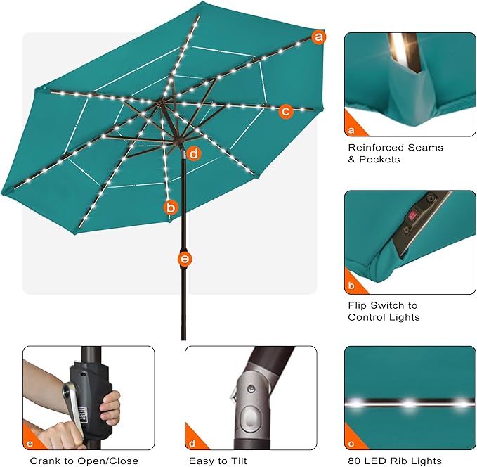 EliteShade USA 10-Year-Non-Fading 10Ft 3 Layers Market Umbrella with 80 LED Lights Patio Umbrella Outdoor Table Umbrella with Ventilation(Teal)