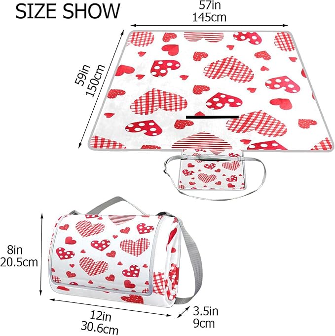 MNSRUU Picnic Blanket Waterproof Foldable Dotted Heart Large Outdoor Picnic Beach Camping Blanket Travel Mat Shoulder Strap Tote Rectangle 57x59in
