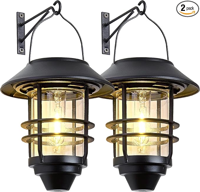 Solar Lantern Outdoor Lights Hanging Waterproof Lantern Lights with Wall Mount Kit for Garden Porch Fence 2 Pack