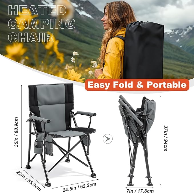2 Pack Heated Camping Chair for Adults Outdoor Folding Heated Chair with Side Pocket and Cup Holder for Sports Lawn Hunting Picnics Patio Beach Power Bank Not Included