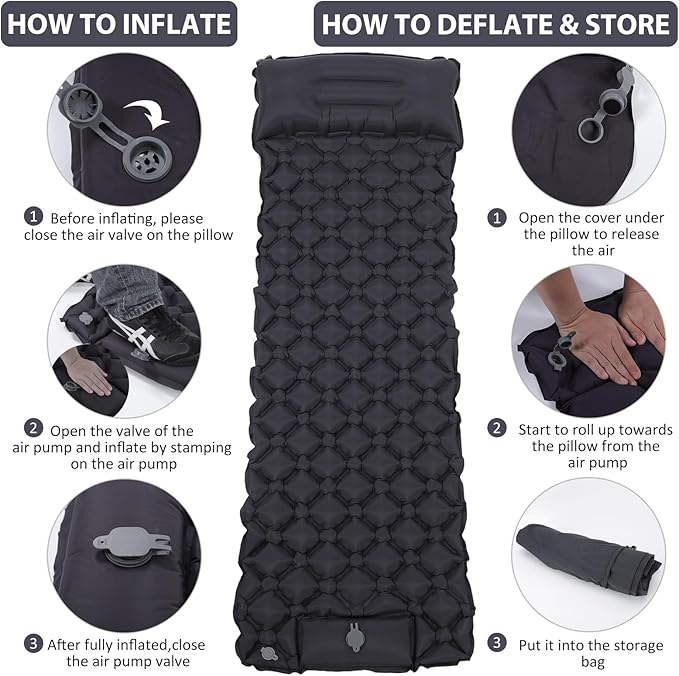 Sleeping Pad 40D Nylon Camping Mat with Pillow Built-in Foot Pump Inflatable Sleeping Mat Compact Portable Waterproof Air Mattress for Outdoor Camping Hiking Backpacking Single (Gray)