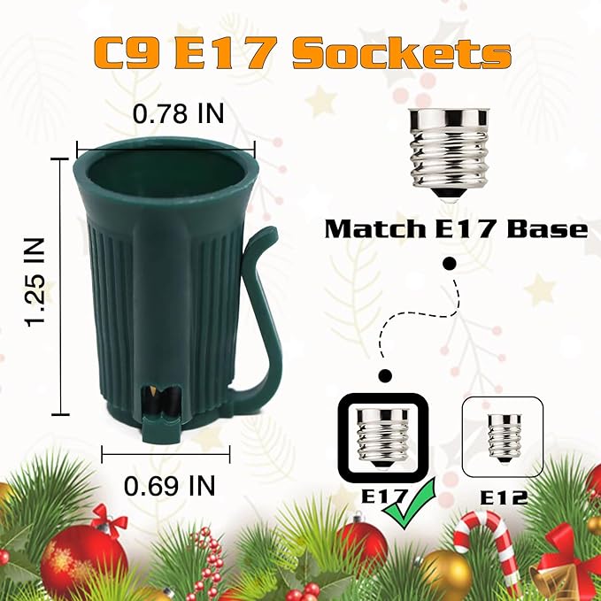 250FT C9 Outdoor String Light Stringer E17 Socket 12 Spacing C9 Christmas Stringer Set Spool Green Light String for Wedding Patio Event Lighting Decor Green Wire