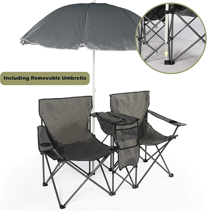 LAZZO Double Folding Camping Chairs Portable Picnic Camping Chairs w/Umbrella Mini Beverage Holder Carrying Cooler Bag Outdoor Picnic Double Folding loveseat Camp Chairs for Beach Patio Pool Park