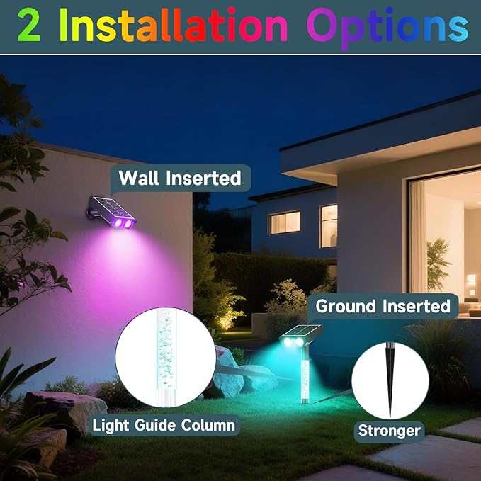 RGB Solar Spot Lights : 2 IN 1 Solar Lights Outdoor with 8 Lighting Modes &amp PC Light Guide Column for Tree Garden Yard Pathway | RGB Color Changing Landscape Lights | IP65 Waterproof | 4 Pack