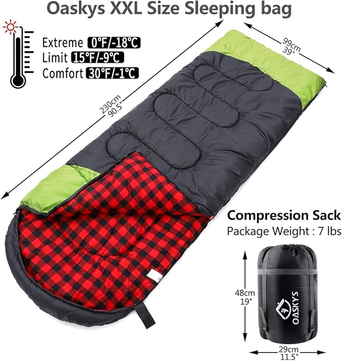oaskys Camping Sleeping Bag - 3 Season Warm &amp Cool Weather - Summer Spring Fall Lightweight Waterproof for Adults Kids - Camping Gear Equipment Traveling and Outdoors