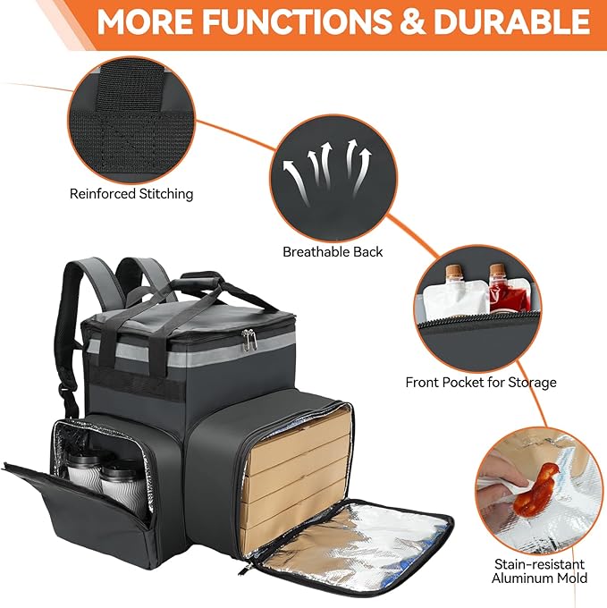 Food Delivery Backpack with 4 Expandable Cup HoldersInsulated Food Delivery Bags for Takeout Bike Expandable Large Pizza Takeout Bag for Hot/Cold Fits for Uber EatCamping (500D tarpaulin)