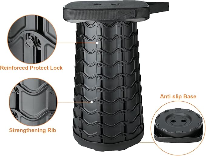 Boreeman Upgraded Collapsible Stool Square Portable Stool Lightweight Yet More Sturdy with Load Capacity 400lbs Perfect for Camping Fishing Hiking BBQ (1 2-Pack Black)