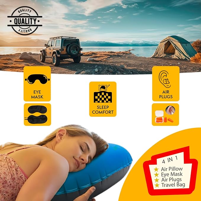 Ultralight Inflatable Camping Travel Pillow - Compressible Compact Comfortable Ergonomic Inflating Pillows for Neck &amp Lumbar Support Camp Hiking Backpacking (Orange)