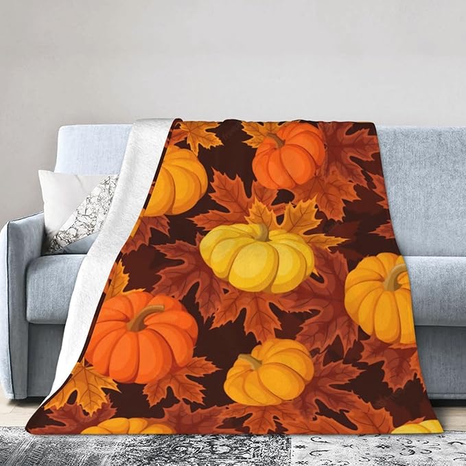 60X50 Fall Pumpkin Lightweight Flannel Blanket - Soft and Breathable Polyester Suitable for Travel Camping and Home Decoration