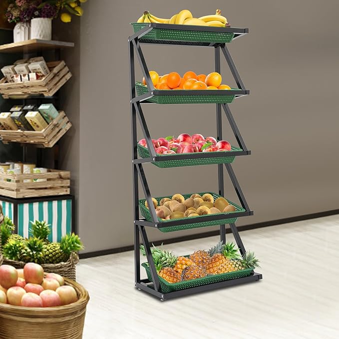 5 Tier Retail Display Rack Market ShelfFruit Vegetable High Capacity Storage Basket StandMarket Retail Display for Kitchen Office Store Supremarket (Black Basket)