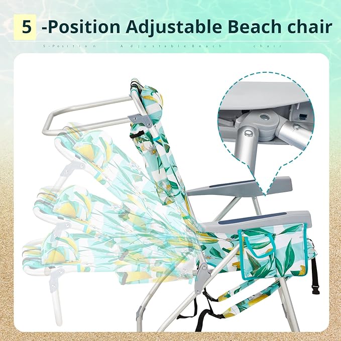 Backpack Beach Chairs Low 5 Position Beach Chair with Pouch Straps Folding Lightweight Reclining Aluminum Lay Flat Single (Lemon High)