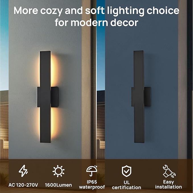 Upgraded 2-Pack 23.6in Modern LED Outdoor Wall Lights 3000K 4000K 5000K Dimmable Black Exterior Wall Sconce Long Outside Light fixtures for House Garage Front Door