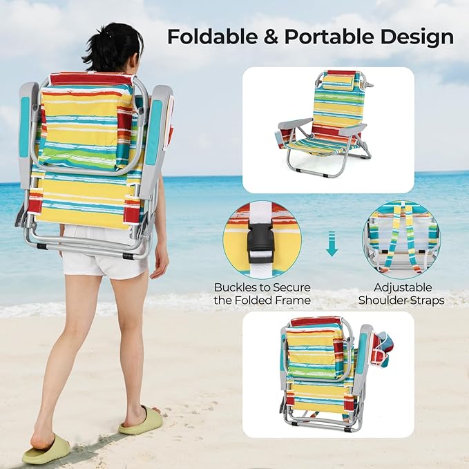 Giantex Backpack Beach Chair Foldable Camping Chair with 5 Adjustable Position Cup Holder Storage Pockets Straps Towel Rack Pillow Lay Flat Lawn Chair for Patio Outdoor Color Stripe