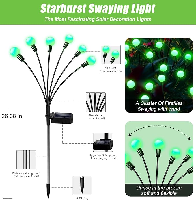 Solar Garden Lights Outdoor 4 Pack 24LED Waterproof Solar Powered Lights for Yard Pathway Patio Swaying Lawn Decor as Gardening Gifts for Women Holiday(4 Pack Green)