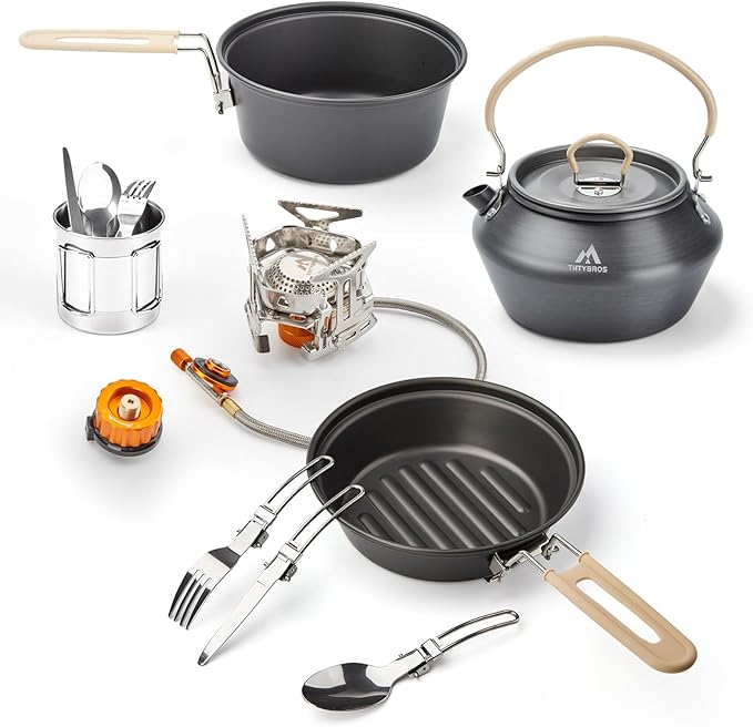 17pcs Camping Cookware Kit 0.45Gal Pot 7inches Pan0.30Gal Kettle Set with 2 Set Stainless Steel Cups Plates Forks Knives Spoons for Hiking