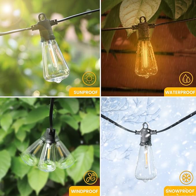 LED Outdoor String Lights 50 FT Waterproof Patio Lights with 25+2 ST38 Vintage Edison Shatterproof Bulbs Connectable Dimmable Hanging Lights for Backyard Bistro Cafe Garden Gazebo - Warm White