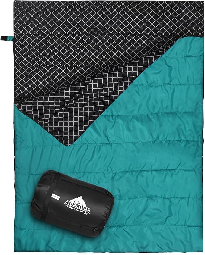 AGEMORE Cotton Flannel Double Sleeping Bag for Camping Backpacking Or Hiking. Queen Size 2 Person Waterproof Sleeping Bag for Adults Or Teens. Lightweight with Compression Sack